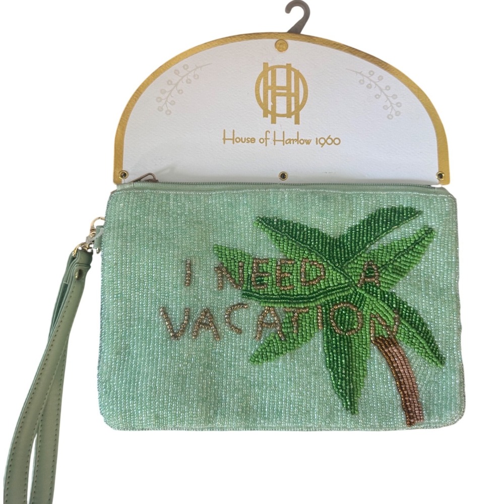 House of Harlow 1960 I‎ Need A Vacation Palm Tree Green Beaded Pouch Wallet NWT